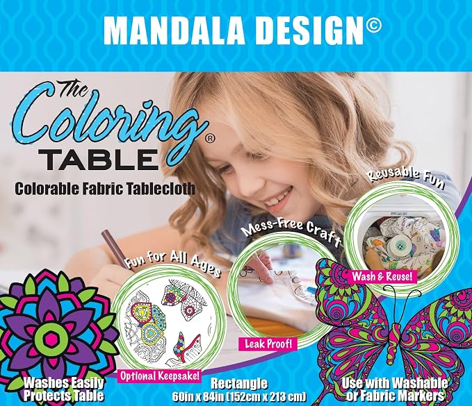 Mandala Design – Rectangle Tablecloth 60”X84” - Interactive Coloring Tablecloth for Kids – Poly/Cotton Fabric - Washable and Reusable – DIY Activity for Children & Adults - Image 2