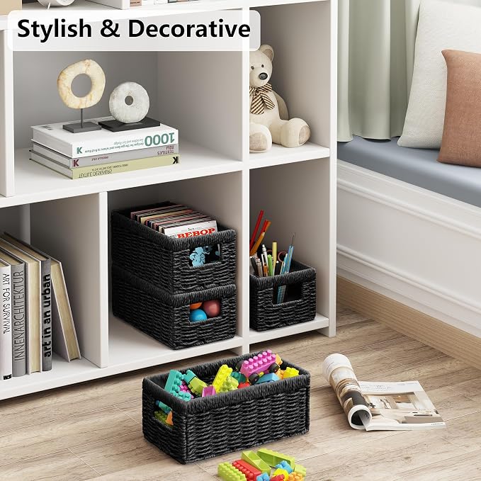Wicker Storage Basket, Set of 2 Hand Woven Wicker Baskets for Organizing with Handles, Decorative Small Storage Bins for Countertop Toilet Paper Basket for Toilet Tank Top Shelves, Black - Image 4