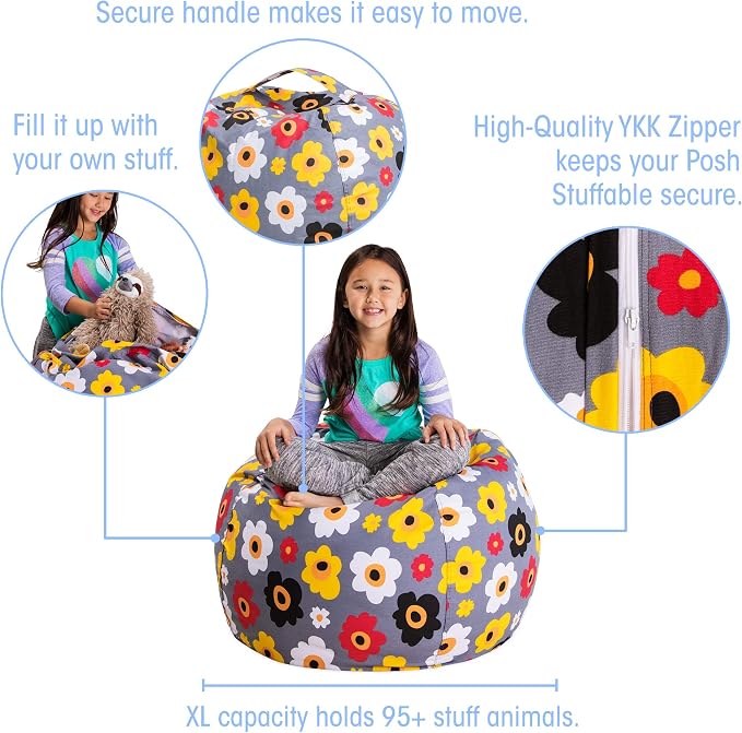 Posh Stuffable Kids Stuffed Animal Storage Bean Bag Chair Cover - Childrens Toy Organizer, Large 38" - Canvas Multicolored Flowers on Gray - Image 2