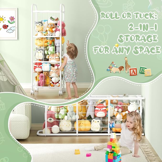Stuffed Animal Storage Organizer with Wheels for Nursery Playroom | 53.5"x18.1"x13", holds 50+ plushies, sturdy metal frame, 4 casters with 2 brakes, wall anchor included, rounded corners - Image 7