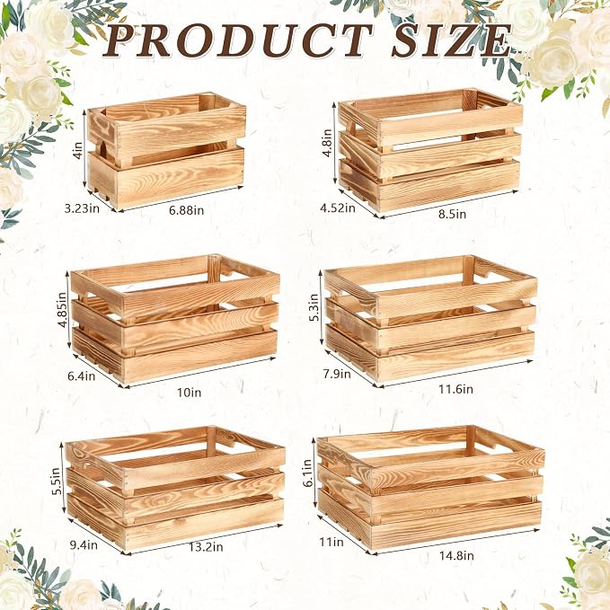 CroBlissful 6 Pcs Decorative Wood Crates for Storage Display Rustic Nesting Crates with Handle Farmhouse Wooden Storage Container Boxes for Wedding Baby Shower Birthday Party(Classic Color) - Image 2