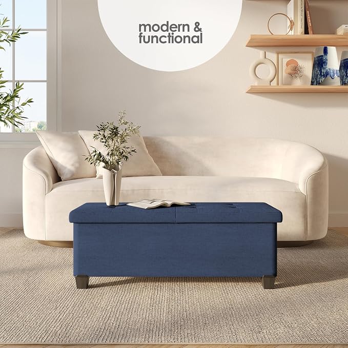 Storage Ottoman Bench with Bins, 43-in Storage Bench for Bedroom End of Bed, Folding Foot Rest Ottoman for Living Room Max 660lbs, Fabric Ottomans, Blue - Image 2