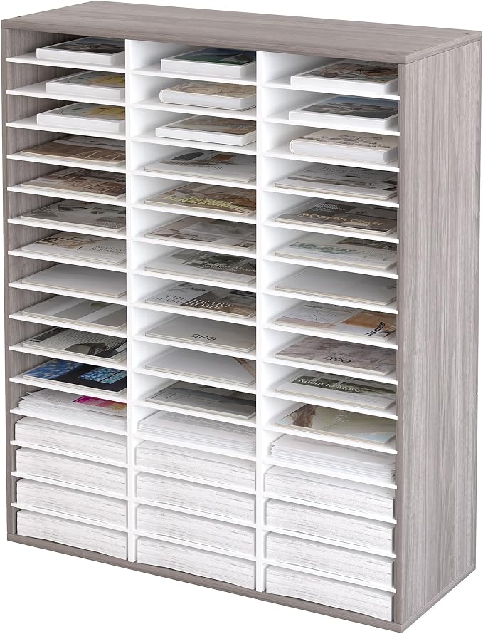 EasyPAG Wooden Literature Organizer with Adjustable Shelves, 48 Compartments Office Paper Organizer Storage 24000 Sheets Letter Size Paper, Student Mailbox for Classroom, Retro Gray/White by EasyPAG