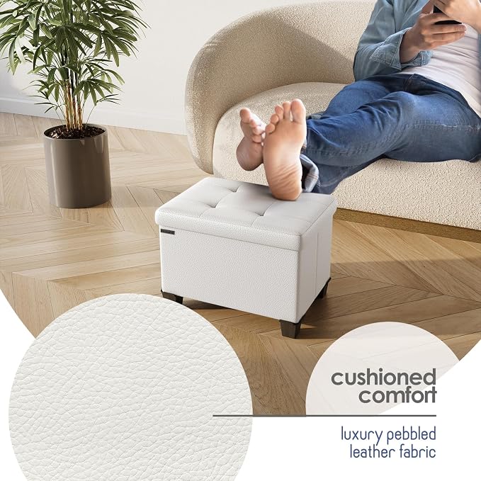 Storage Ottoman Cube with Small Bin, 16-in Square Ottoman with Storage for Living Room and Bedroom, Small Ottomans Foot Rest, Leather Foot Stools Ottomans Max 330lbs, Cream - Image 7