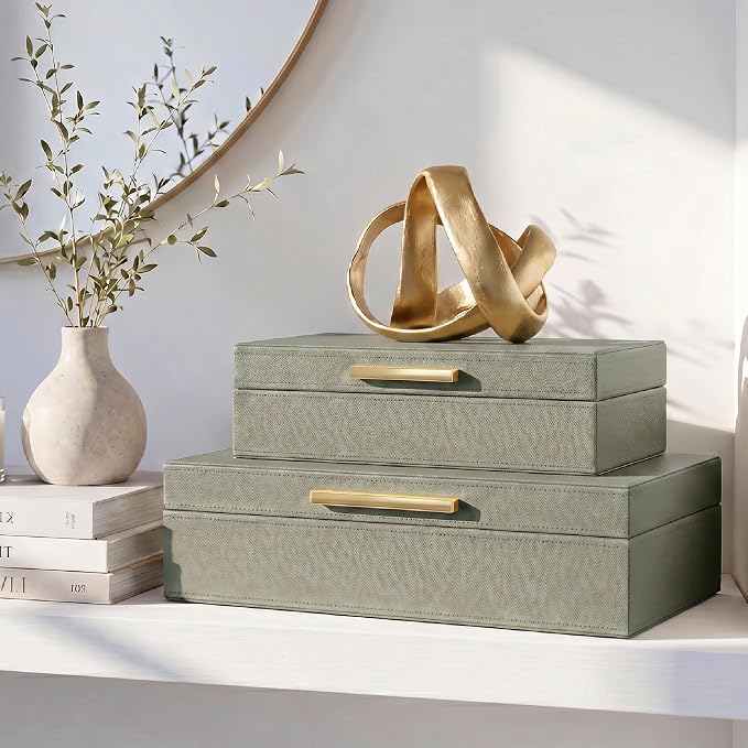 Decorative Storage Boxes with Lids - Set of 2 PU Leather Organizer Bins | Beautiful Bins for Your Bookshelf Home Decor - Safely Store Photos, Documents and Memory Box Keepsakes in Style - Image 7