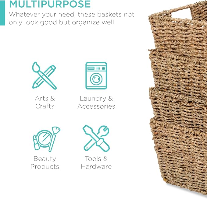 Best Choice Products Rustic Set Of 4 Multipurpose Stackable Seagrass Storage Basket, Handwoven Laundry Organizer Totes for Bedroom and Living Room, Shelves, Pantry w/Insert Handles - Natural - Image 3