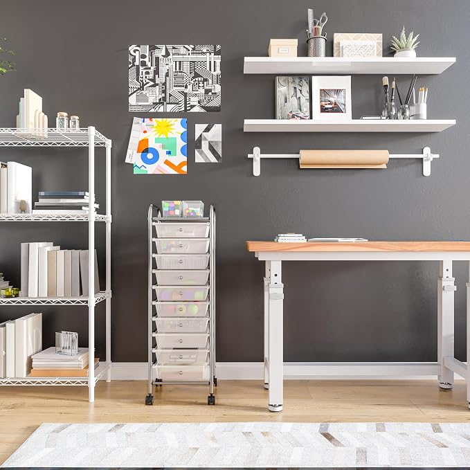 Seville Classics Rolling Utility Organizer Storage Cart, for Home Office, School, Classroom, Scrapbook, Hobby, Craft, 10 Drawer, Frost White - Image 10