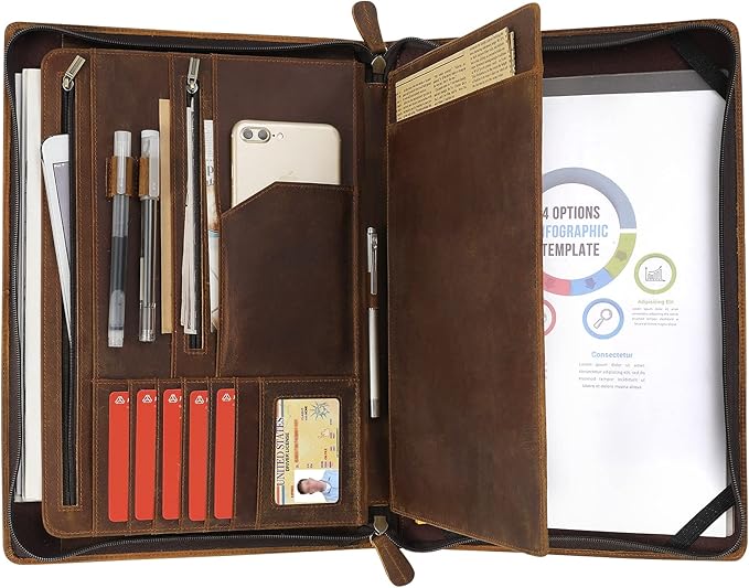 Genuine Leather Portfolio Organizer for Men Women with Handle, Full Grain Leather Padfolio Folder with Zipper Business Resume Portfolio for 12.9" iPad, Brown, RS118 by RINGSUN
