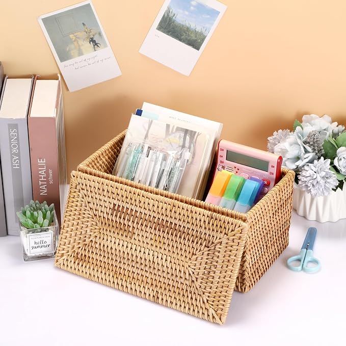 Hipiwe Rattan Basket Storage Box with Lid Handwoven Lidded Wicker Baskets | Decorative Baskets Bin Rectangular Household Baskets for Shelf Organizing Home Decor, 11.8"Lx6.2"Wx6.1"H - Image 7