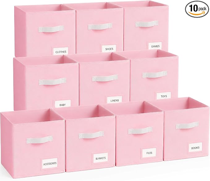 Storage Cubes 10 Pack, 11 Inch Fabric Storage Bins Organizer with Labels, Odor-Free & Sturdy PP Structure, Collapsible Cubby Baskets for Closet, Shelves, Toys & Nursery (Pink) by Unknown