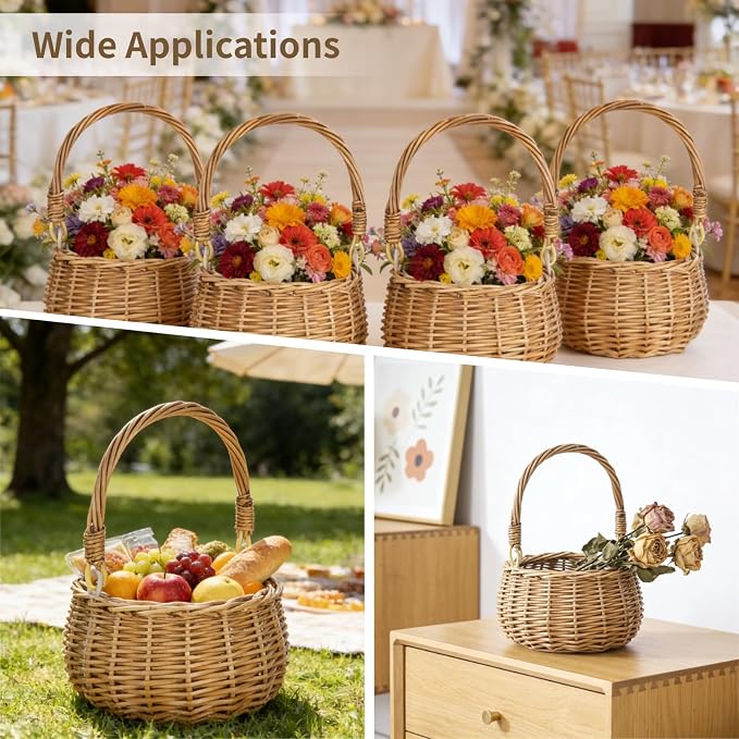 4 Pcs Small Flower Basket Set, Hand Woven Wicker Basket with Handle, Multifunctional Rustic Baskets for Wedding Party and Home Decoration, Gifts Storage - Image 5