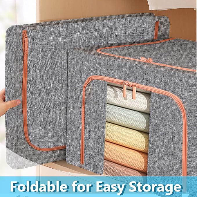 Clothes Storage Organizer - Stackable Storage Bags with Foldable Metal Frame, Zipper, Handles, Clear Window, Storage Container Box for Blanket Sweater Comforter Pillow (66L, Gray, 2 Pack) - Image 6