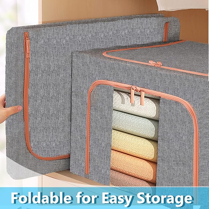Linen Clothes Storage Bags, Sturdy Closet Organizers and Storage Bin with Hold Shape Metal Frame, 2 Opening Ways Fabric Visible Lidded Storage Box for Organizing Clothing,Bedding (2 Pack, 24L) - Image 7