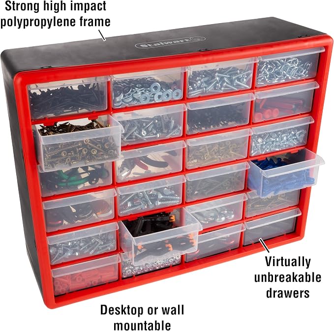 Stalwart Plastic 24 Drawer Organizer Compartment Parts Storage Cabinet, Red | Tabletop, Desktop, or Wall Mount Container - Small Parts Organizer for Hardware, Craft Supplies, Beads, or Tools - Image 4