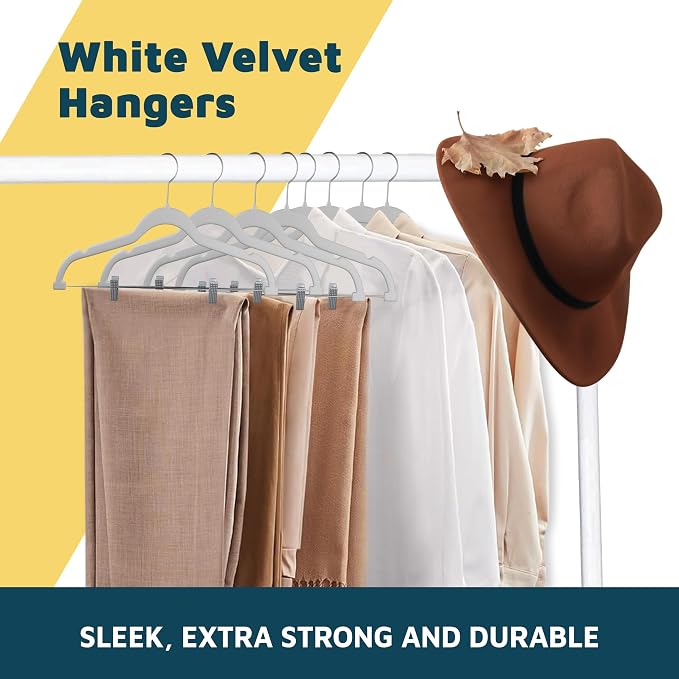 Lifemaster Velvet Skirt Hangers – with Adjustable Clips, 360 Degree Swivel Hook, and Non-Slip Shoulder Notch, Holds Up to 10 lbs, for Organizing Skirt, Pants, Dress, and Clothes, Pack of 50, White - Image 7