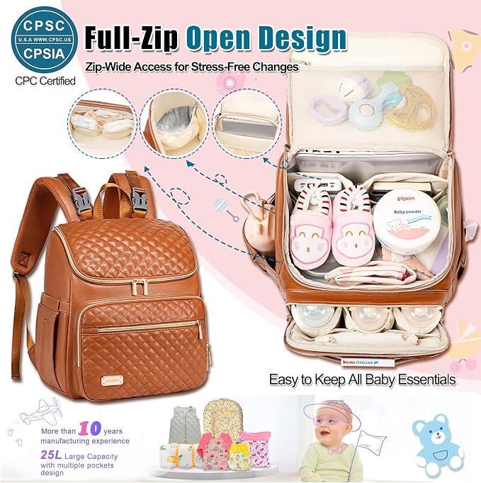 Diaper Bag Backpack Leather Baby Diaper Bag with Changing Pad Travel Diaper Backpack,Baby Bag for Mom,Stroller Straps,5 Insulated Pockets (Brown Leather) - Image 4