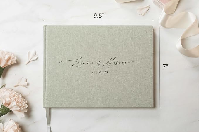 Personalized Linen Guest Book (Design 1) - 9 x 7.5 Hardcover Custom Wedding Guestbook Bride and Groom Name with Date, Reception Ceremony Engagement Party Keepsake Signing Book with 120 Blank Pages - Image 2