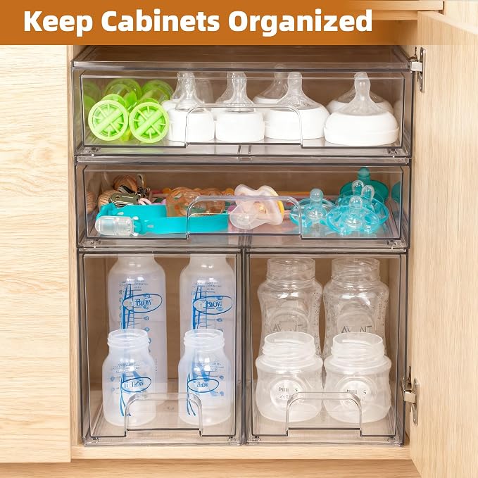 Baby Bottle Organizer, 4 Pack Stackable Storage Drawers with Labels, Clear Station Organizers Container for Pacifiers, Pump Parts, Desk Organizer Bins for Bathroom, Cabinet, Pantry, Vanity, Countertop - Image 7