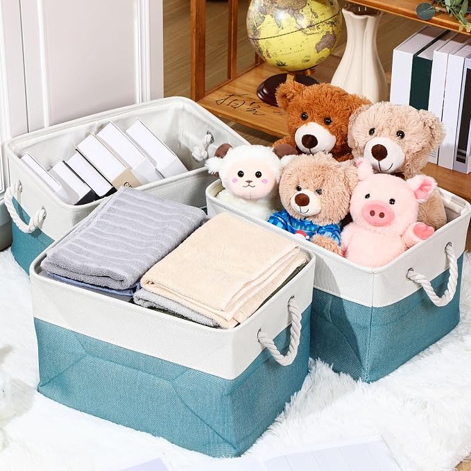 FoldTier 10 Pack Large Collapsible Fabric Storage Baskets with Handles Decorative Storage Bins for Organizing Shelves Toys Clothes(White & Blue,16 x 12 x 10 Inches) - Image 4