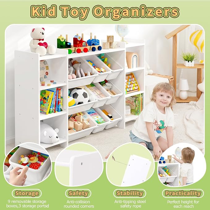 MallBest 57" Extra Wide Kids Bookshelf and Toy Storage Organizer, Solid Pine Wood Frame Playroom Organizer with 9 Bins, 4-Tier Toy Organizer for Kids Room, Nursery and Bedroom,White - Image 6