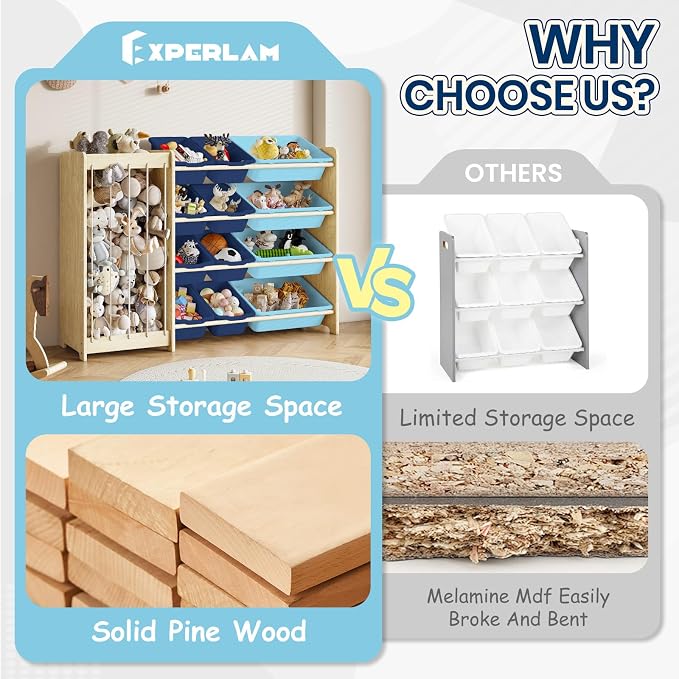 EXPERLAM Kids Toy Storage Organizer, 2-in-1 Stuffed Animal Storage & Toy Organizer w/12 Bins, Solid Wood Toy Rack Featuring Thicker Elastic Ropes, Playroom Nursery Bedroom Storage, Blue - Image 6