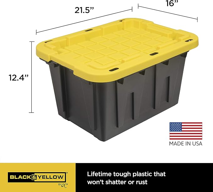 CX Heavy Duty 12-Gallon Stackable Plastic Storage Bins with Lids, 4 Pack | Storage totes for garage organization, Stackable containers, weather-resistant, snap lid, 12.5H x 16.3W x 21.8D, Black/Yellow - Image 2