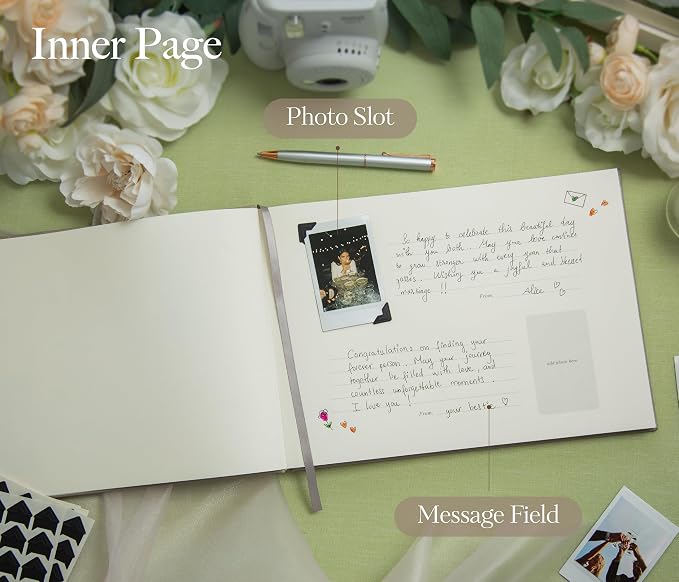 Large Photo Guest Book (Taupe) - Up To 240 Photo Slot | Fits Instant Photos | 11.5" x 8.5" Party Memory Book | Includes Photo Corner Stickers | 120 Lined Pages | Neutral Color Photo Booth Sign In Book - Image 4