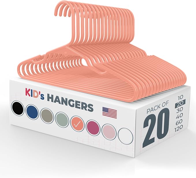 Plastic 12” Kids Hangers 20 Pack – Made in the USA – 5lb Capacity Baby & Toddler Clothes Hangers with Notches & Reinforced Edges – Fits Children’s Sizes Up to 8 – Peach by NeatiesHangers