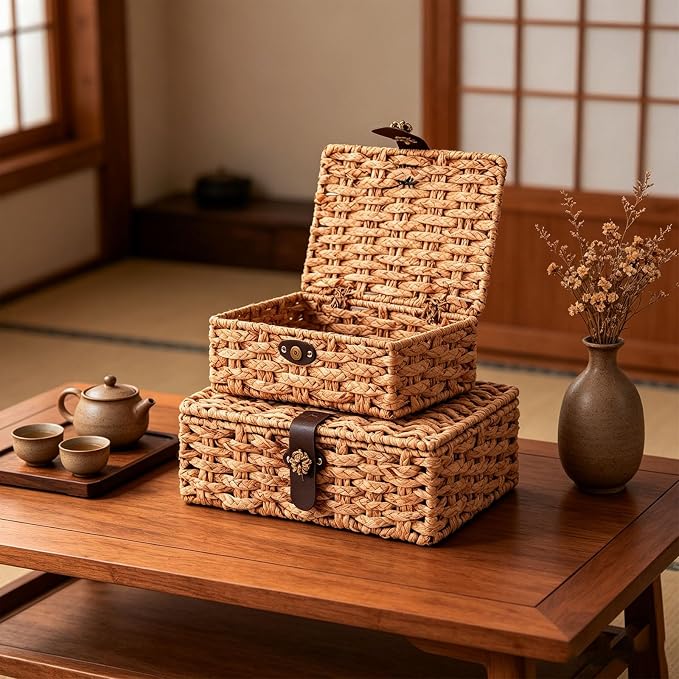 Set of 2 Water Hyacinth Wicker Storage Baskets with Lid | Rectangular woven decorative bins for shelf desktop home organization decor - Image 2
