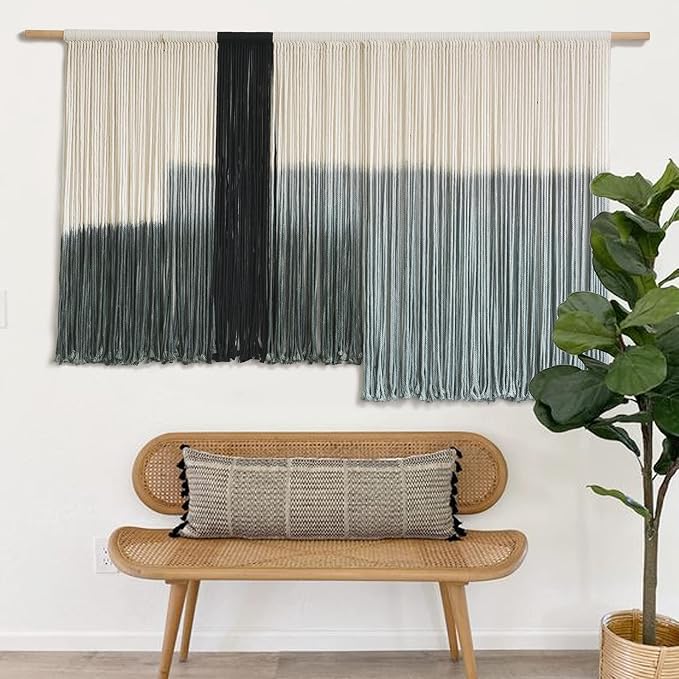 Macrame Wall Hanging Grey Dip Dye Large Boho Fiber Wall Art Decor 57"W*35"L | Neutral Wall Hanging, Handmade Yarn Art, Textured Fiber Decor, for Bedroom Wall Accent, Farmhouse Interior Style - Image 3