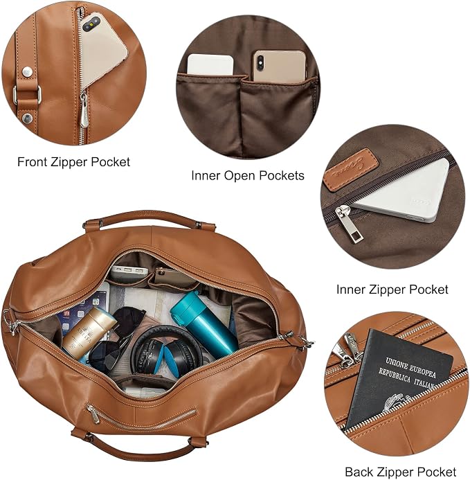 S-ZONE Genuine Leather Women Travel Duffle Weekender Overnight Weekend Carry on Shoulder Tote Bag | Durable Genuine Leather, Carry-on Size,Adjustable Strap,1 Main Compartment and 2 Zipped Pockets - Image 4