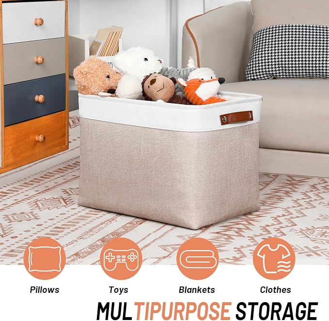 DULLEMELO Fabric Storage Bins, Lining Fabric Baskets For Gifts, Large Storage Baskets for Books Clothes Storage, Foldable Storage Basket for Office Home Shelves Closets Organizing(White&Khaki) - Image 3