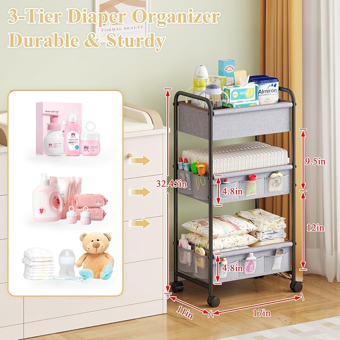 3-Tier Baby Diaper Caddy Cart Organizer with 2 Dividers & 14 Mesh Pockets - Black Mobile Nursery Storage Cart with Wheels, Durable Metal Utility Cart for Nursery, Bedroom, Baby Essentials Organization - Image 3