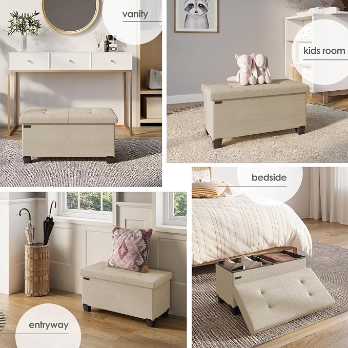 Storage Ottoman Bench with Bins, 30-in Storage Bench for Bedroom End of Bed, Folding Foot Rest Ottoman for Living Room Max 660lbs, Fabric Ottomans, Beige - Image 4
