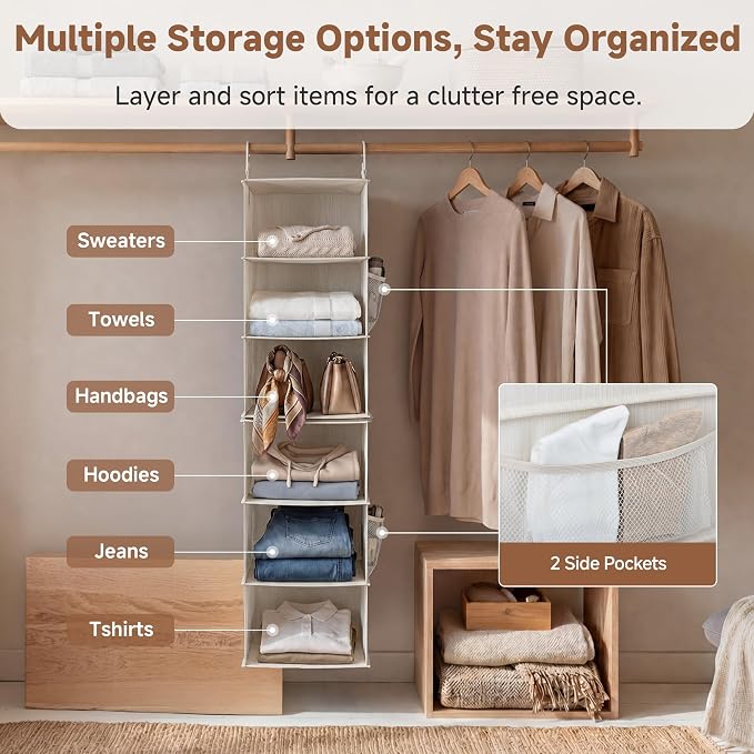 StorageWorks 6-Shelf Closet Organizers, Two 3-Shelf Separable Hanging Shelves for Closet, 12 1⁄2" D x 12 1⁄2" W x 47 ¼" H, Mixing of Beige, White & Ivory - Image 8