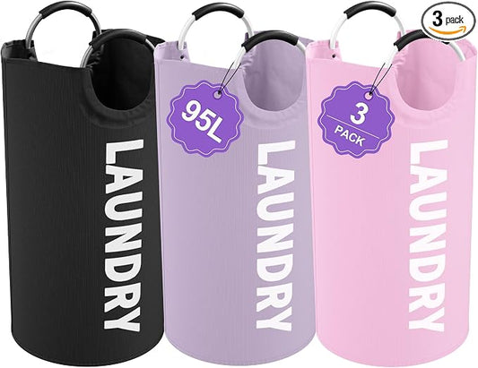 3Pack Folding Clothes Hamper with Handles, 95L Tall Laundry Basket Organizer, Durable Laundry Bags, Large Dirty Clothes Hamper for Family, Travelling, Camping, Purple + Pink + Black | IHOMAGIC Foldable Dirty Clothes Hamper, Laundry Bag, Portable Storag... by IHOMAGIC