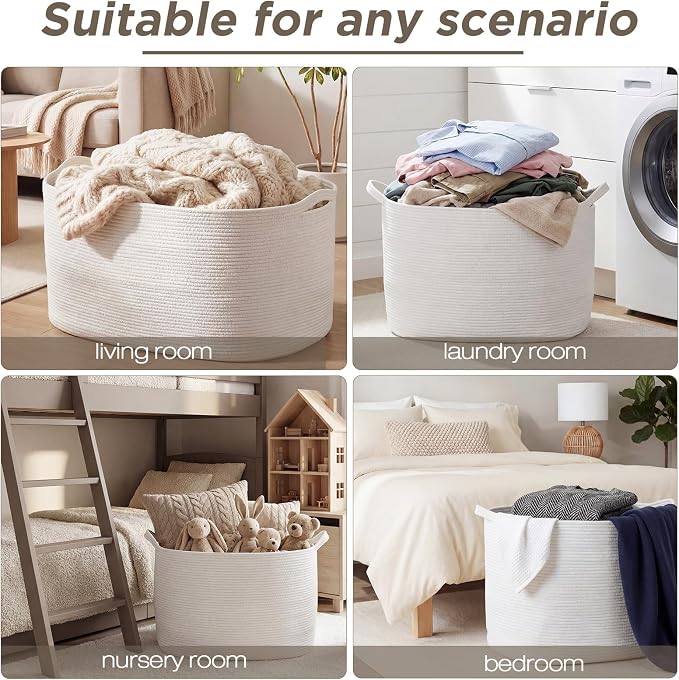 XXXXL 125L Extra Large Woven Blanket Basket, 25" x 18" x 17" Jumbo Cotton Rope Storage Basket with Handles Toy Storage Bins for Laundry Hamper Nursery Organizer Living Room Home(White) - Image 5