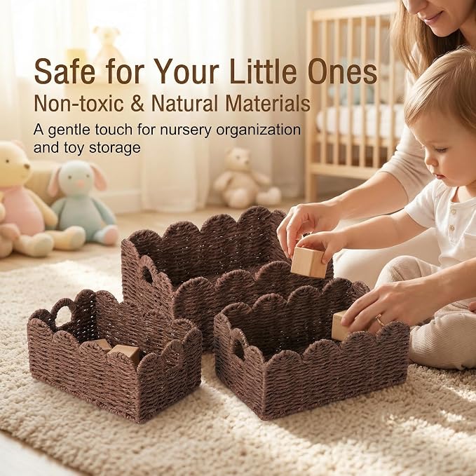 Scalloped Wicker Basket Set of 3, Hand-Woven Storage with Handles | set of 3 brown scalloped baskets with handles. Hand-woven paper rope for shelves, bathroom or closet. Stackable, sturdy. - Image 6