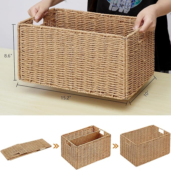 Wicker Storage Basket, Set of 2 Hand-Woven Paper Rope Wicker Basket, Small Storage Baskets for Organizing Toilet Paper Basket, Foldable Large Cube Storage Organizer Bins for Shelves (Natural) - Image 2