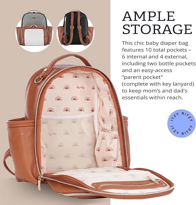 Itzy Ritzy Mini Diaper Bag Backpack - 10 Pockets w/Changing Pad (Cognac) | Chic Mini Plus Diaper Bag with 2 Insulated Bottle Pockets, Key Lanyard, Wipeable Changing Pad, Grab-Top Handle & Rubber Feet - Image 5