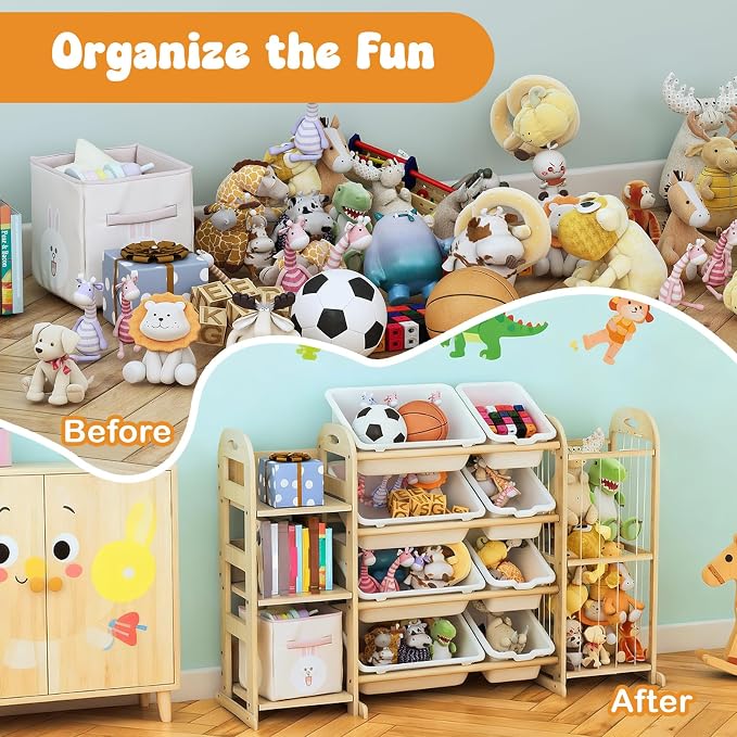Wooden Toy Storage Organizer, Toy Organizers & Storage with Stuffed Animal Storage, Toy Storage Shelf with 3 Shelves, 8 Storage Bins, Kids Bookshelf, Toy Holder for Toddler Rooms, Playrooms, Bedrooms - Image 5