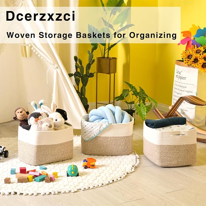 Storage Baskets for Organizing, Woven Storage Baskets for Shelves, Toy Storage Baskets for Kid's Room, Towel Baskets for Bathroom Nursery, 14.8"×11"×9.5", Pack of 3, Off White & Brown - Image 6