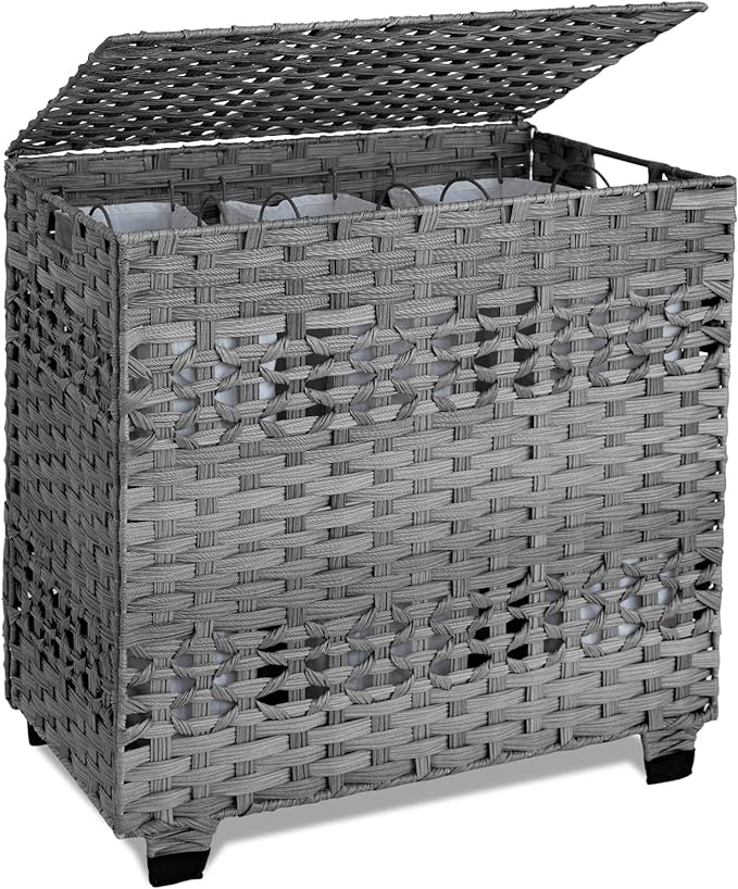 OIAHOMY Laundry Hamper with Lid, 140L Clothes Hamper with 3 Removable Liner Bags, Foldable Basket with Lid, Synthetic Wicker Laundry Basket for Bedroom, 27x 13 x 26 Inches, Grey by MasterofSpaceOptimization