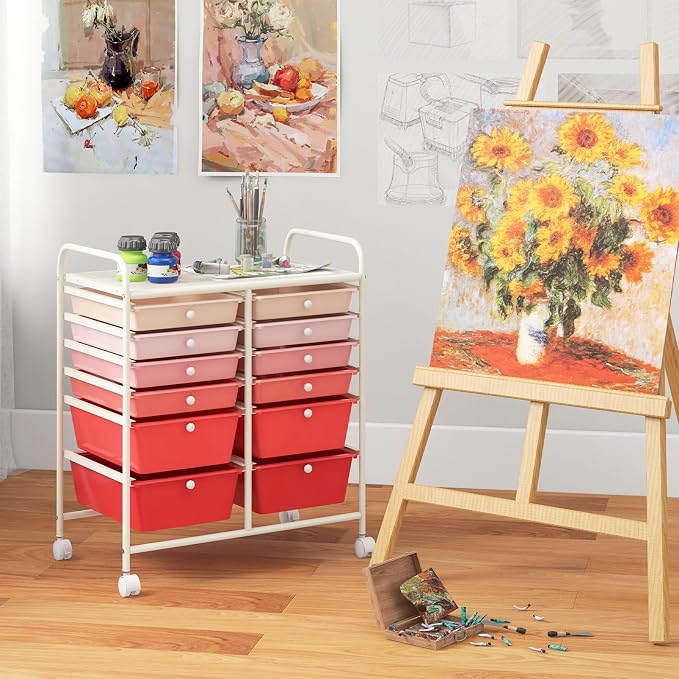 Giantex 12 Drawer Rolling Storage Cart Tools Scrapbook Paper Office School Organizer (Pink Gradient) - Image 4