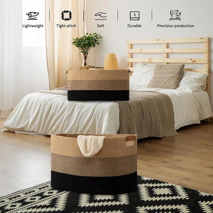 Large Woven Basket, 108L Large Blanket Basket for Living Room, Nursery, Cotton Woven Hamper for Toy Organizing & Laundry, 25’’*16’’*16’’ Gradient Linen - Image 5