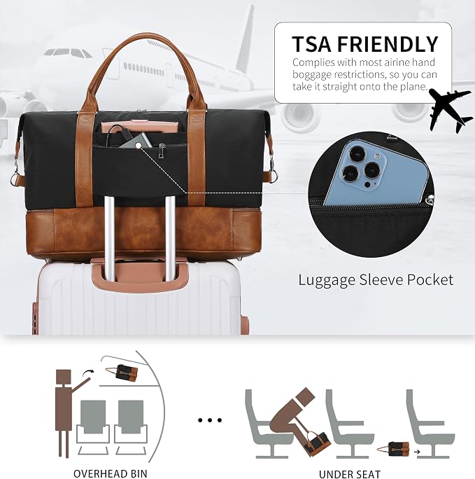 Oeihuivt Weekender Bags for Women - 21 Inch Large Travel Duffel Bag 2-Piece Set with Shoe Compartment, Heavy-Duty Canvas & Leather Carry On Overnight Tote (Airplane Approved) - Image 6