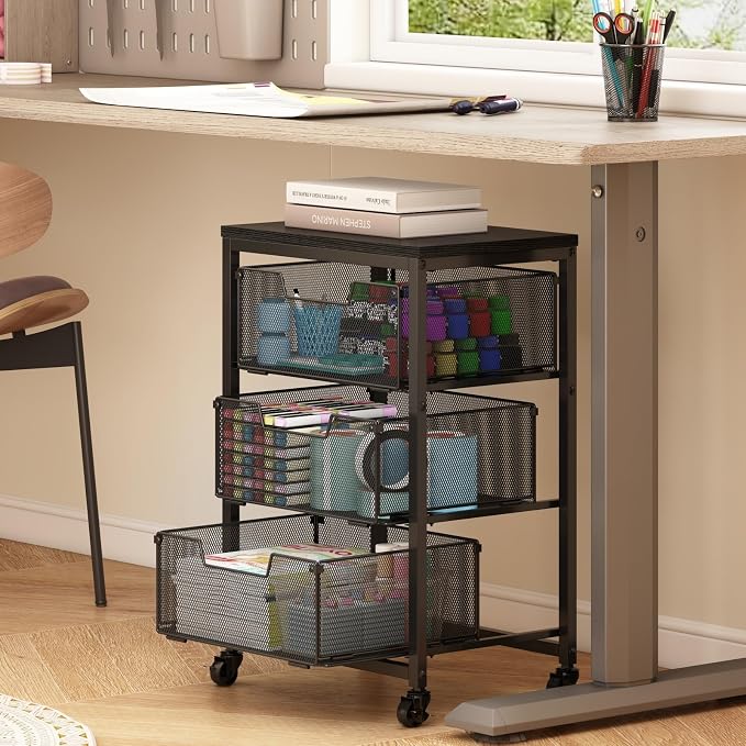 Under Desk Storage Cart with Lockable Wheels, 3-Drawer Rolling Storage Cart, Metal Utility Cart with Drawers for Art Cart, Craft Cart, Classroom, Office, Kitchen, Bedroom by Aokitsink