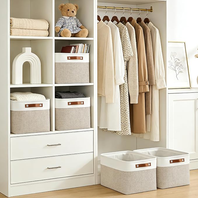 Storage Bins Large Fabric Storage Baskets for Shelves 3 Pack, Decorative Linen Closet Baskets with Handles for Organizing, Shelf, Clothes, Home, Office, 15x11x9.5Inches (Beige&White) - Image 2