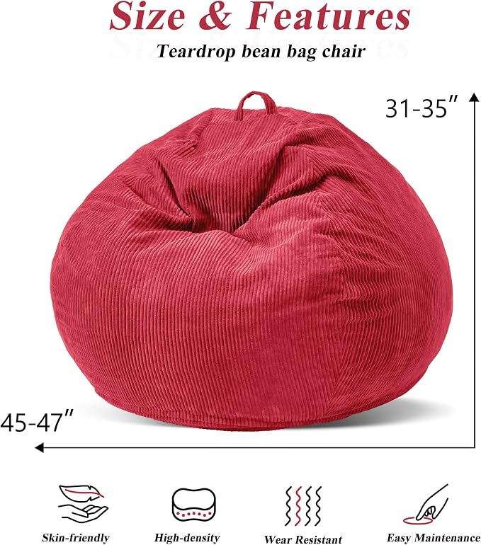4FT Bean Bag Chair for Adults,Large Teardrop Beanbag with Filler | Beanbag Chair with Memory Foam Filled,Bean Bags with Handy Handle&Machine Washable Cover for Living Room,Bedroom-Red - Image 2