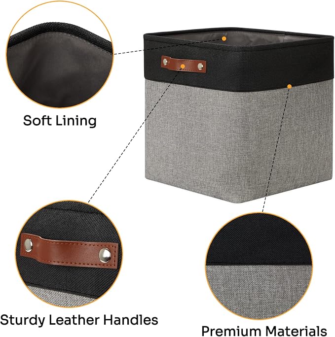 DULLEMELO Storage Bins for Organizing,Closet Storage Baskets for Gift Empty,Large Linen Canvas Storage Bins with Handles for Home Office Toys Shelves(Black&Grey, 13 inch Cube) - Image 4